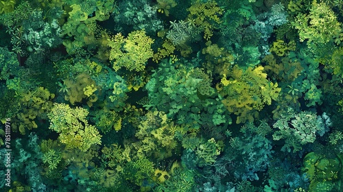 Aerial view, dense green canopy, close-up, bird's-eye, lush forest tapestry, midday sun 