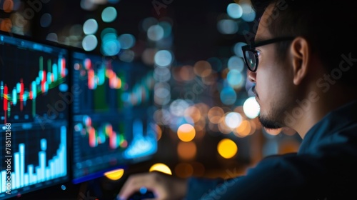 Focused young trader analyzing live stock market data on computer screens against city lights background.