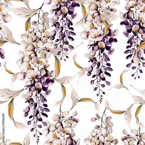 Watercolor pattern with  wisteria flowers and leaves.