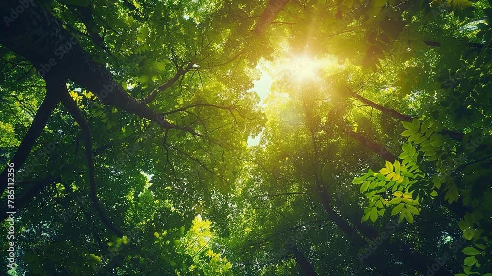 Summer canopy, lush green, close-up, eye-level, vibrant forest life, high noon glow Summer canopy, lush green, close-up, eye-level, vibrant forest life, high noon glow