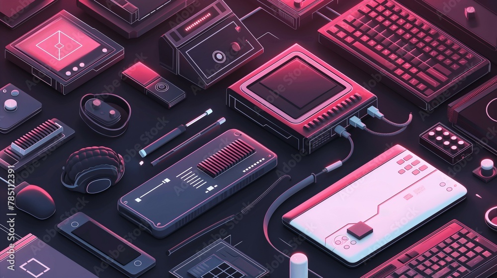 An Isometric Illustration Of Various Electronic Devices.