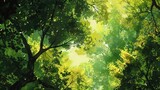 Summer canopy, lush green, close-up, eye-level, vibrant forest life, high noon glow 