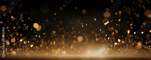 Brown background, football stadium lights with gold confetti decoration, copy space for advertising banner or poster design