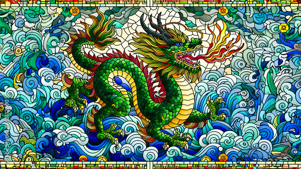 Celestial Serpent: A Majestic Green Chinese Dragon Ascends in Stunning Stained Glass Art