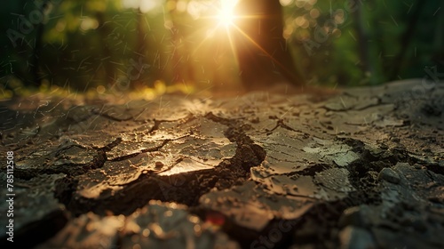 Dry season, cracked earth, close-up, eye-level view, forest endurance, harsh midday sun  photo