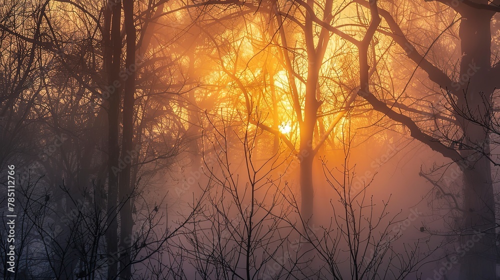 Sunrise through fog, silhouetted trees, close-up, eye-level view, forest awakening, hazy glow Sunrise through fog, silhouetted trees, close-up, eye-level view, forest awakening, hazy glow