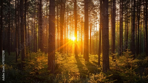 Sunset glow filtering through pines  close-up  straight-on angle  forest peace  twilight warmth 