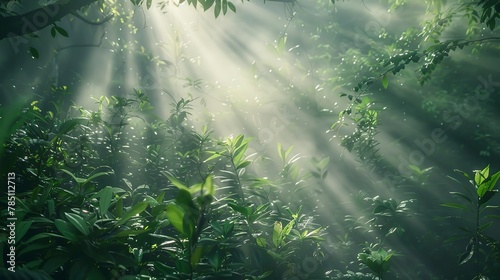 Shafts of light, dense foliage, close-up, ground-level shot, mystical forest, early light 