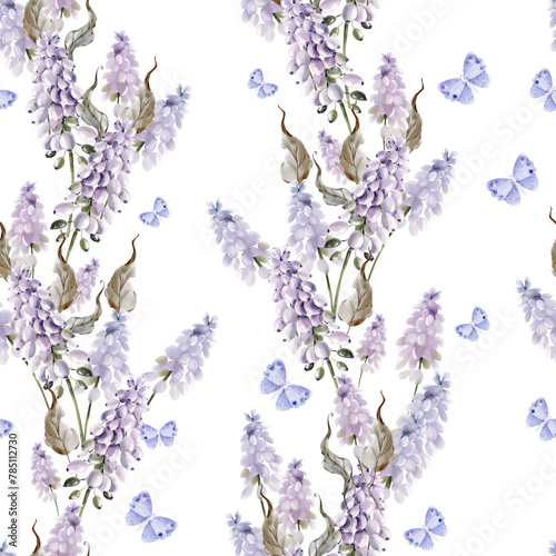 Watercolor seamless pattern with muscari flowers and butterfly.