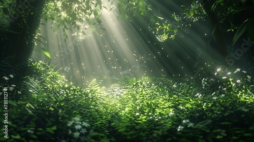 Shafts of light  dense foliage  close-up  ground-level shot  mystical forest  early light 