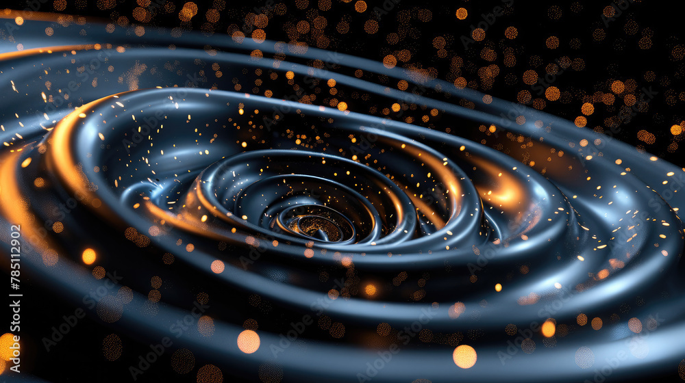 A linear spiral 3D object, black background and technological gold, high-tech futuristic style, ultra-high definition. Generative AI. A linear spiral 3D object, black background and technological gold, high-tech futuristic style, ultra-high definition. Generative AI.