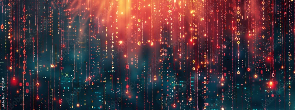 Binary code patterns and circuit board elements arranged in a modern, abstract style. Binary code patterns and circuit board elements arranged in a modern, abstract style.