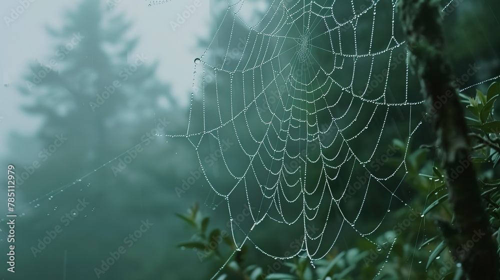 Dewdrops on spider web, close-up, straight-on angle, forest shrouded in mist, silent observer Dewdrops on spider web, close-up, straight-on angle, forest shrouded in mist, silent observer