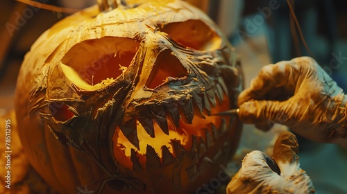 A person is carving a very detailed jack-o-lantern that is lit up from the inside