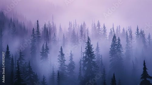 Silhouettes in fog, towering pines, close-up, high-angle, mysterious forest, twilight haze 