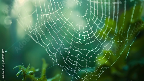 Dewdrops on spider web, close-up, straight-on angle, forest shrouded in mist, silent observer 