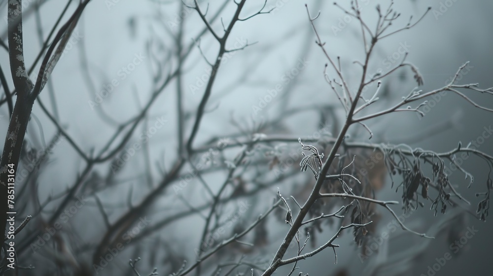 Branches draped in fog, close-up, straight-on shot, forest whispers, muted world Branches draped in fog, close-up, straight-on shot, forest whispers, muted world
