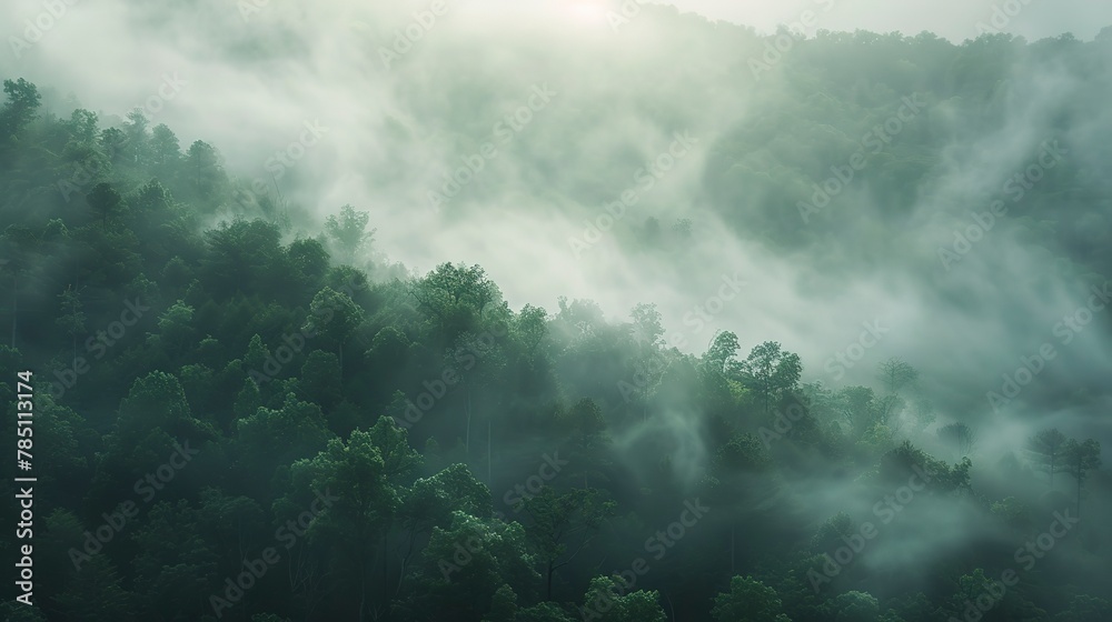Fog rolling over hills, close-up, ground-level camera, forest awakening, serene breath