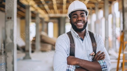 Smiling construction worker with arms crossed on a building site. On-site engineer portrait with scaffolding background.