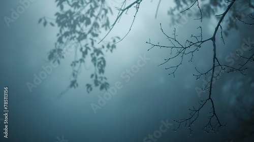 Branches draped in fog  close-up  straight-on shot  forest whispers  muted world 