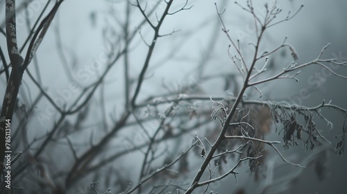 Branches draped in fog, close-up, straight-on shot, forest whispers, muted world 