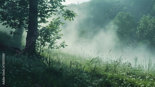 Fog rolling over hills, close-up, ground-level camera, forest awakening, serene breath 