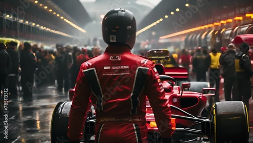 A man in a red racing suit stands in front of a red race car. Concept of excitement and anticipation for the upcoming race photo