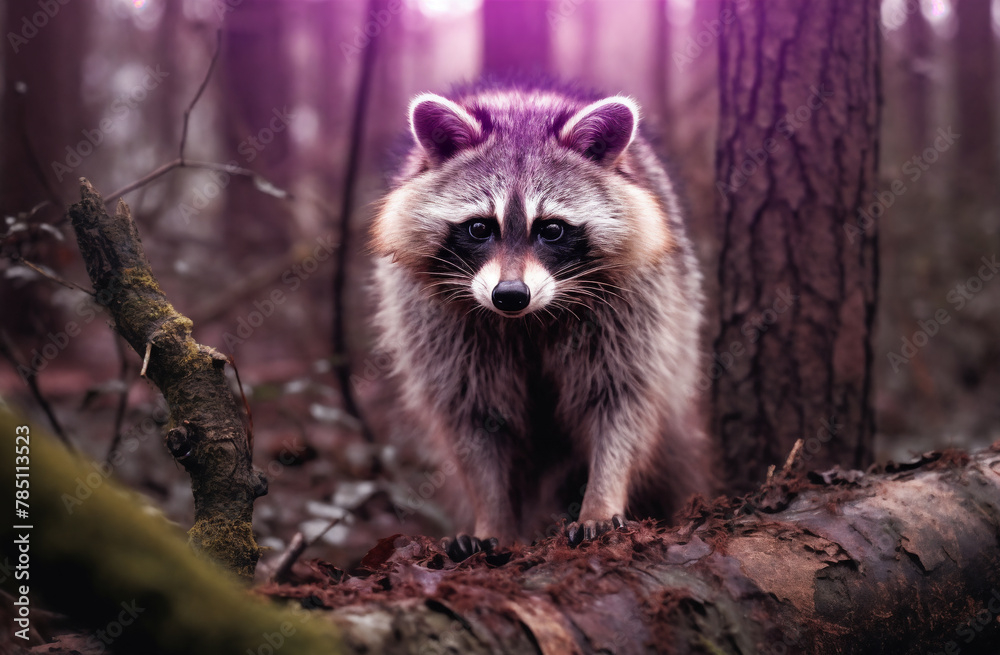 a raccoon is standing in the middle of a forest with a purple light shining on it's face