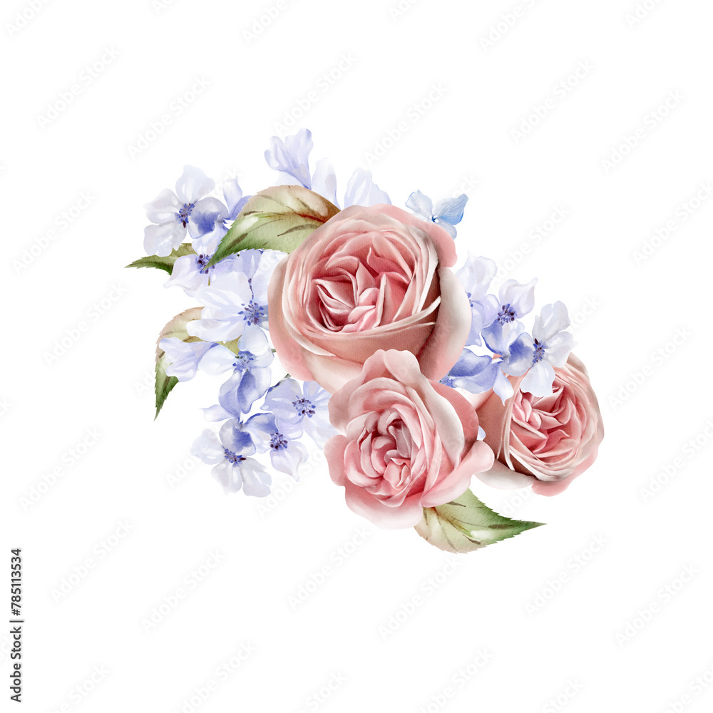 Watercolor wedding bouquet with blue flowers and roses, leaves.