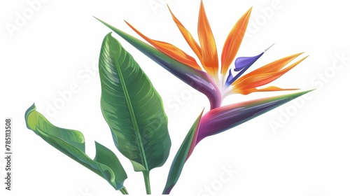 Exotic plant with orange and purple petals and green leaves isolated on white background, a bird of paradise or crane flower illustration.