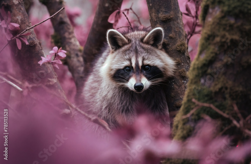 a raccoon is standing in a tree with pink flowers in the background and a blurry background