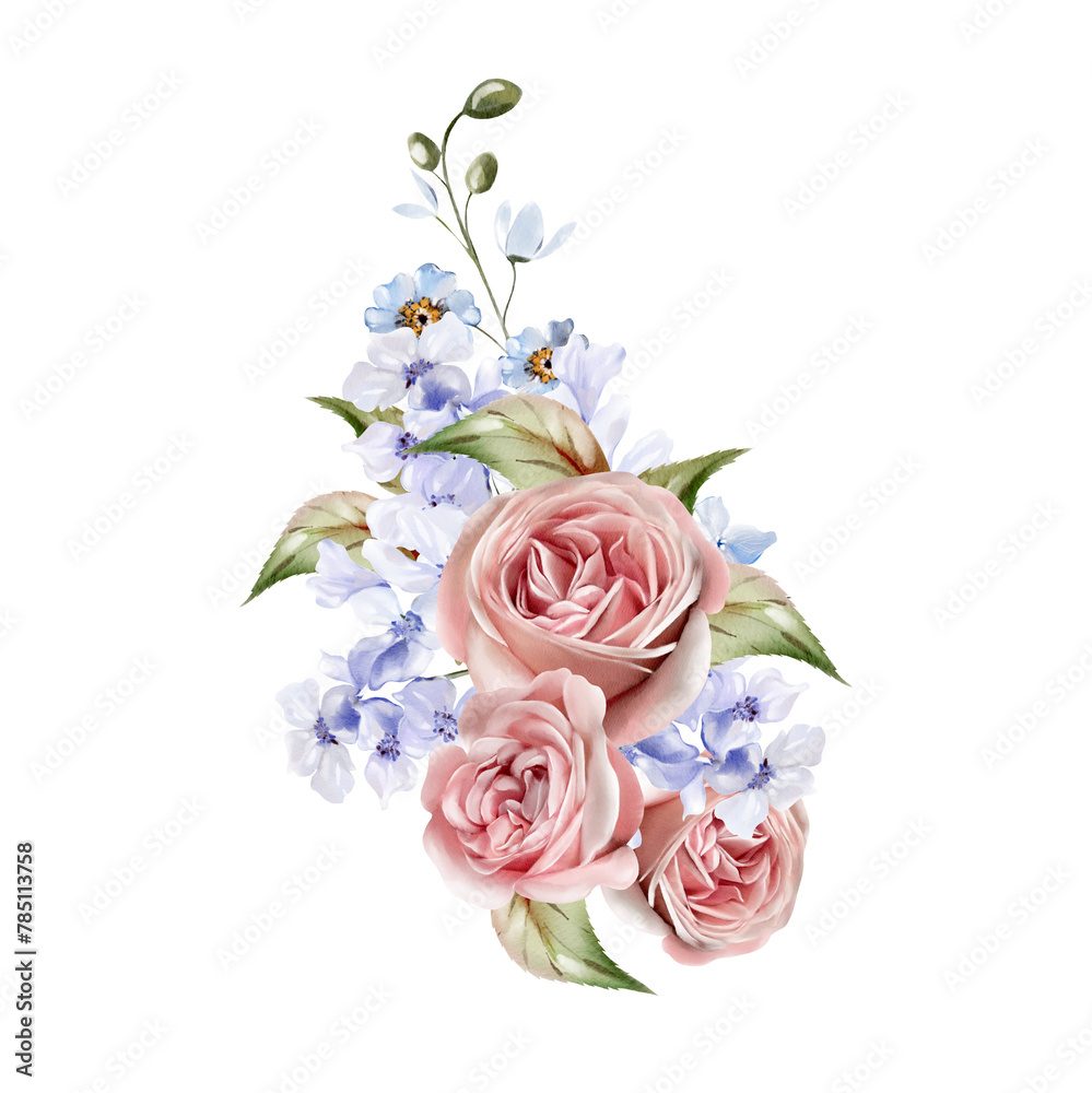 Watercolor wedding bouquet with blue flowers and roses, leaves.