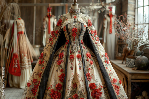 An elegant costume reflecting characters from a historical drama, set in a regal backdrop