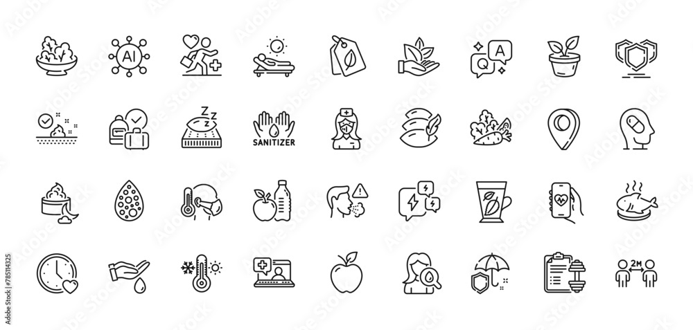 Apple, Lounger and Vegetables line icons pack. AI, Question and Answer, Map pin icons. Patient, Shields, Hand sanitizer web icon. Salad, Organic product, Dumbbell pictogram. Vector