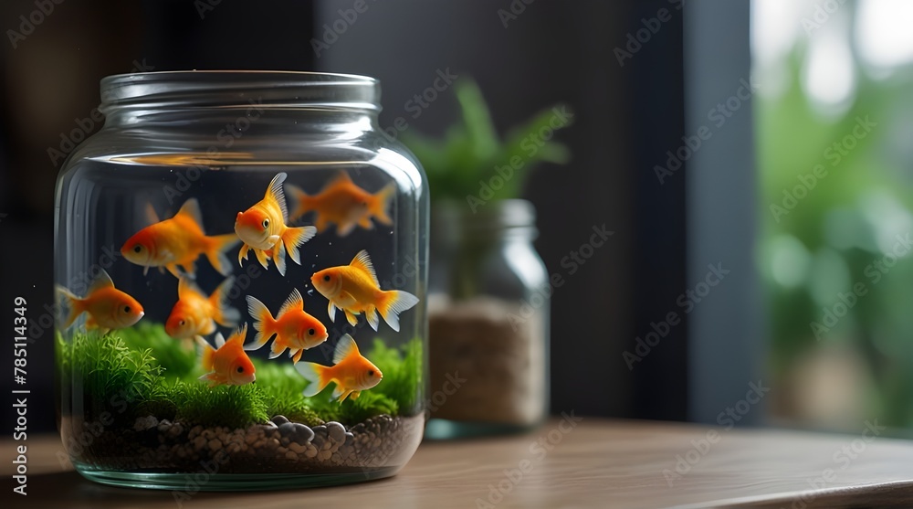 Beautiful bright small goldfish in jar glass aquarium on table indoors.generative.ai 