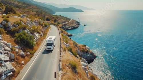 motorhome rides along the road along the coast of the sea in summer , top view photo