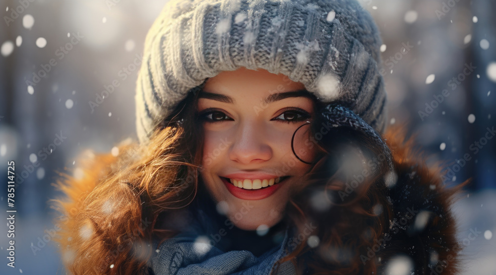 Young woman smiling in the snow with hat and jacket. Young woman throwing snow outdoors on winter nature background, joy and happines emotions. Christmas and new year concept Young woman smiling in the snow with hat and jacket. Young woman throwing snow outdoors on winter nature background, joy and happines emotions. Christmas and new year concept