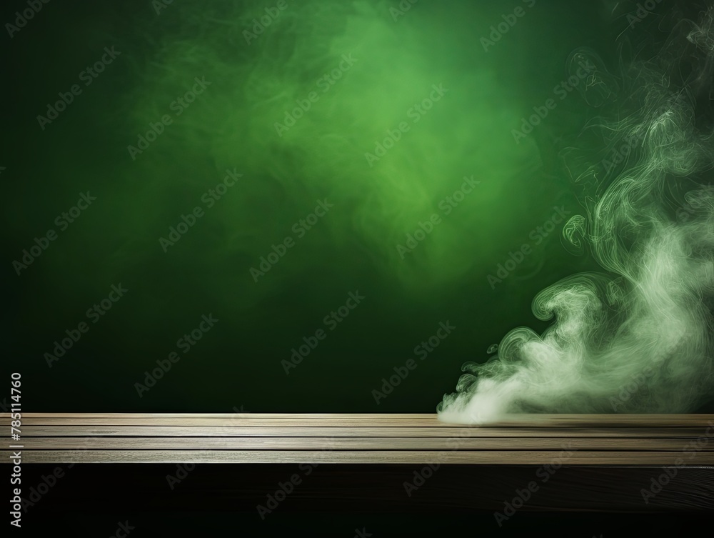 green background with a wooden table and smoke. Space for product presentation, studio shot, photorealistic