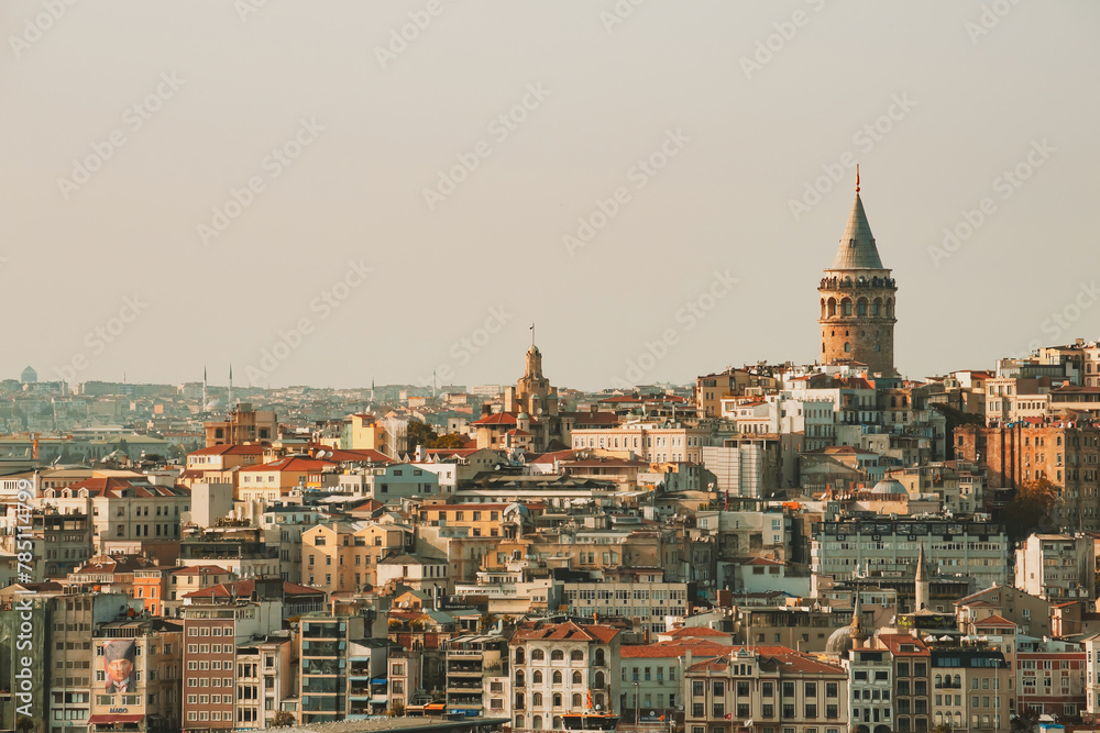 Istanbul, Turkey. Cityscape with Galata Tower and Beyoglu, or Pera district in Istanbul in a beautiful summer day. Tourism or architecture history concept