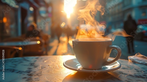 A steaming cup of coffee sits on a table outside a cafe. The sun is shining brightly and there is a busy street in the background. photo