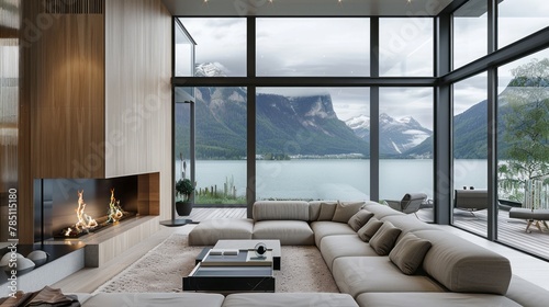 Spacious living room with glass walls overlooking a mountainous lakeside