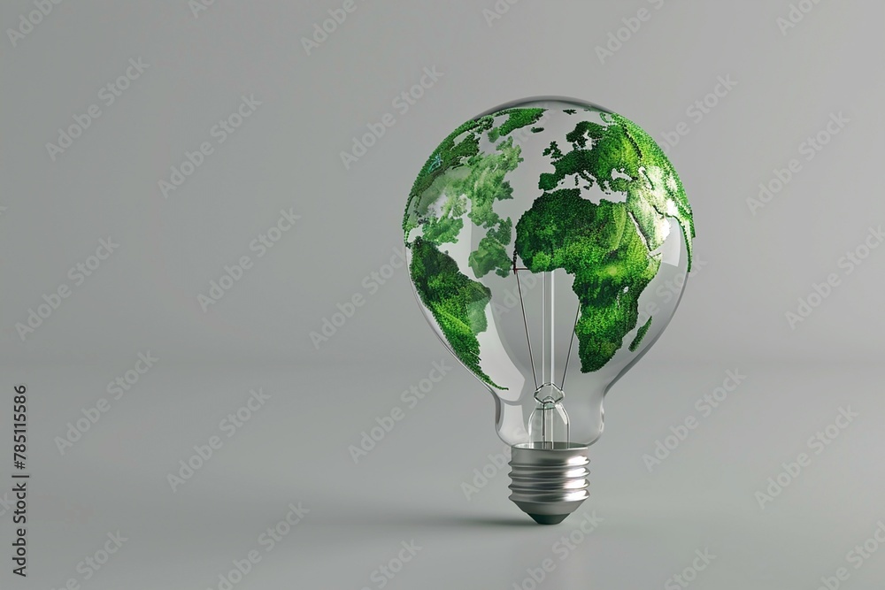 3D illustrations of Renewable energy, The green world map is on a light