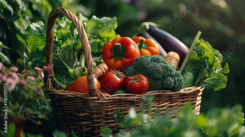 A wicker basket filled with fresh vegetables, sitting in a lush green garden.
