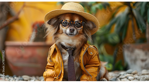 Cool looking Chihuahua dog wearing funky fashion dress - jacket, tie, glasses, tilted straw hat. Wide yellow banner with space for text right side. Stylish animal posing as supermodel.