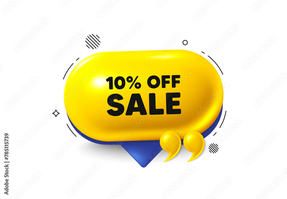 Obraz premium Offer speech bubble 3d icon. Sale 10 percent off discount. Promotion price offer sign. Retail badge symbol. Sale chat offer. Speech bubble quotation banner. Text box balloon. Vector
