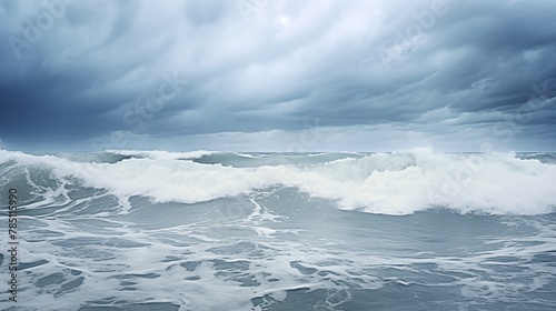 Stormy gray skies cast turbulent shadows over cresting waves, painting a scene of seaside turbulence, where nature's power meets coastal serenity. 