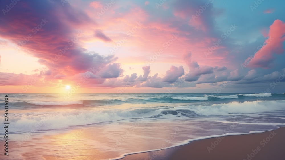 Fototapeta premium Coastal sunrise First light paints sky and sea with pastel hues, casting a serene and ethereal glow over the tranquil shoreline.