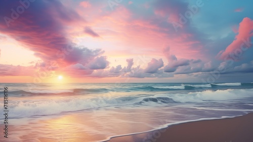 Coastal sunrise First light paints sky and sea with pastel hues  casting a serene and ethereal glow over the tranquil shoreline. 