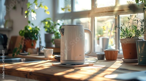 The glass kettle features a sleek and modern design on a wooden kitchen counter top. Generative AI. photo
