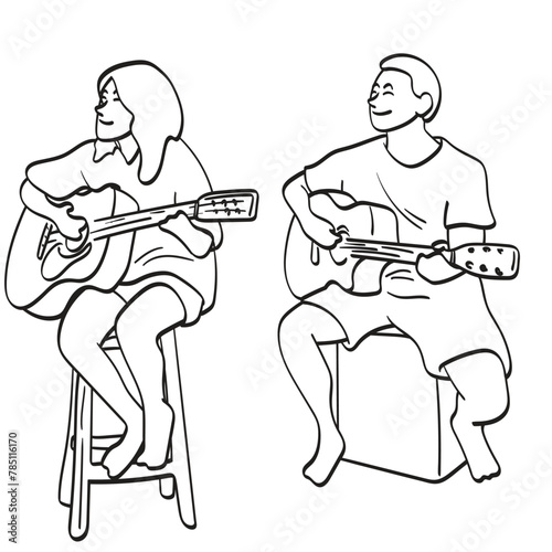 man and woman playing acoustic guitar illustration vector hand drawn isolated on white background